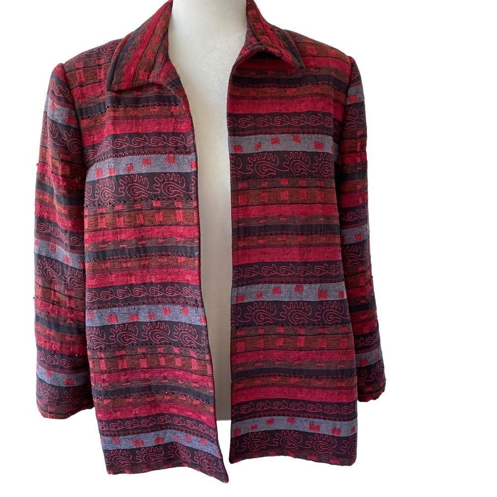 Alfred Dunner Aztec Pattern Jacket Red Beaded Open Front SZ 14 - Picture 3 of 14